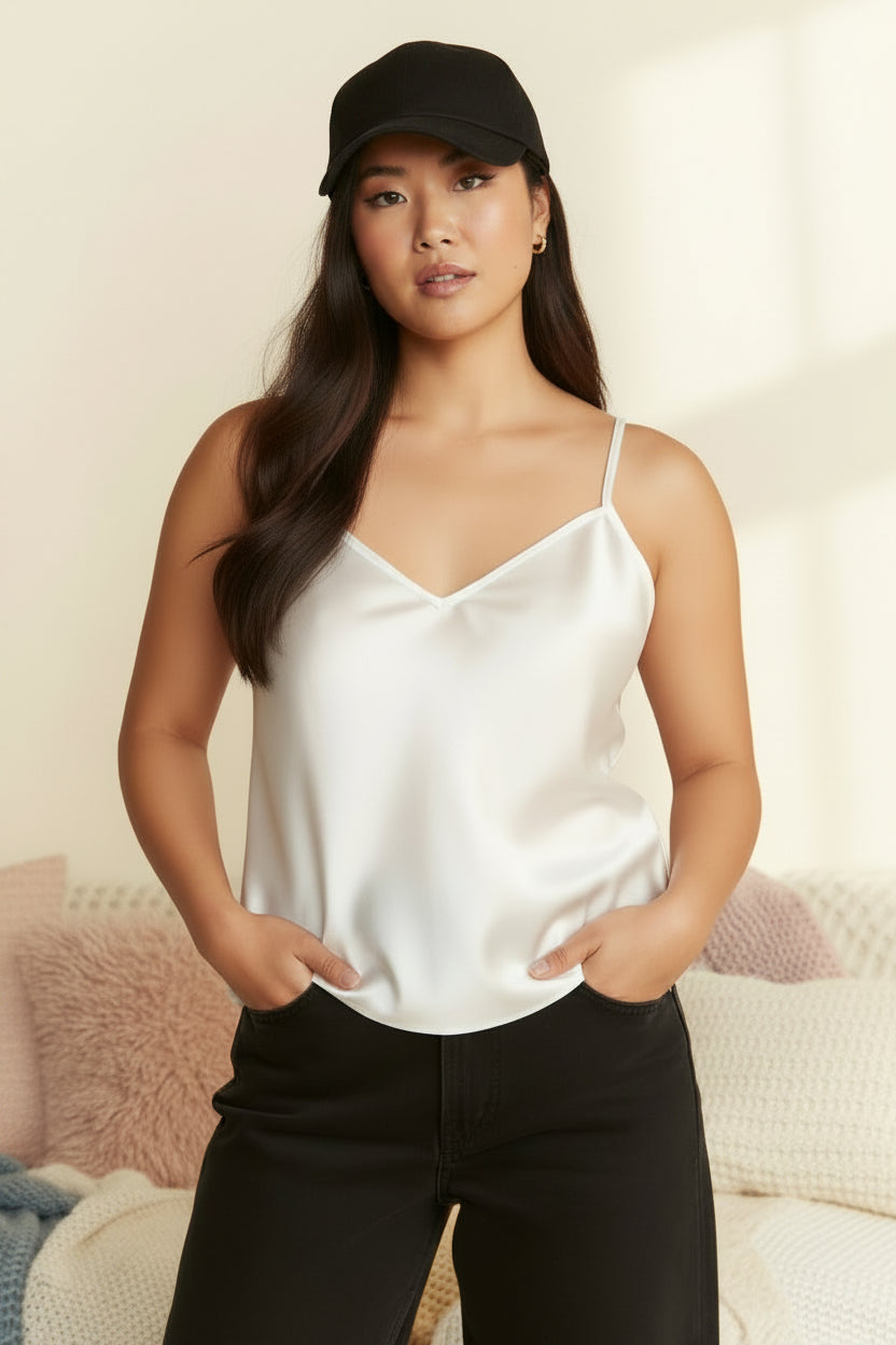 Woman wearing a white sleeveless top and black cap against a beige background