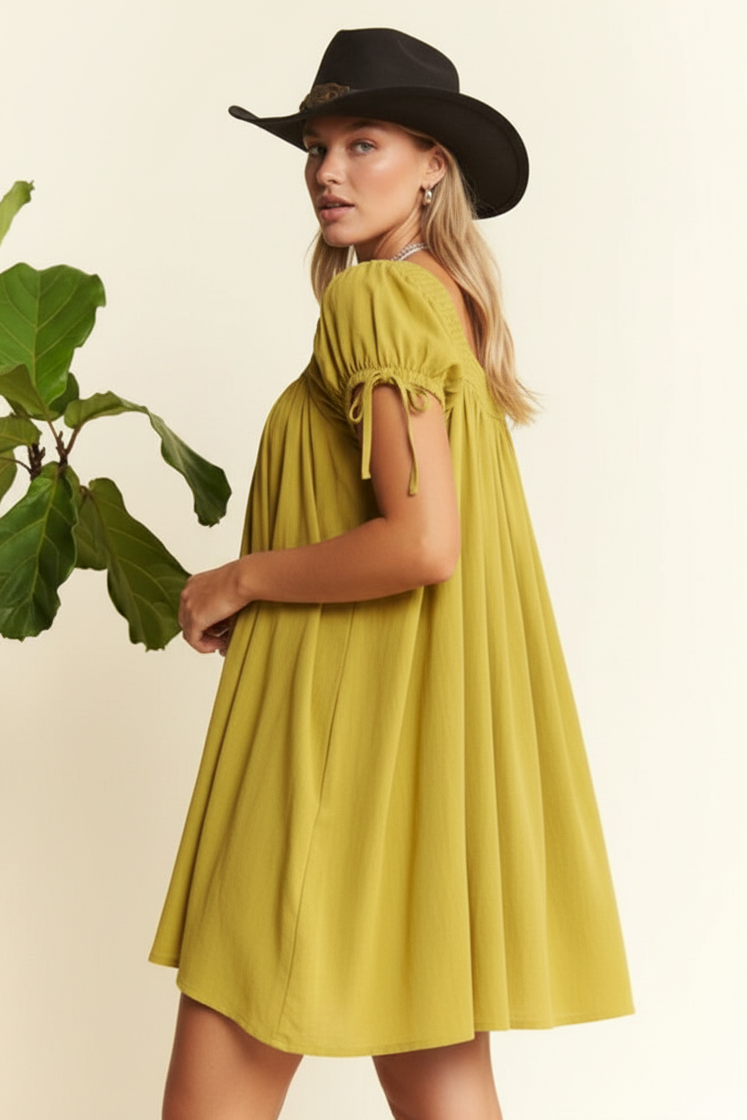 Washed Linen Bubble Sleeve Dress