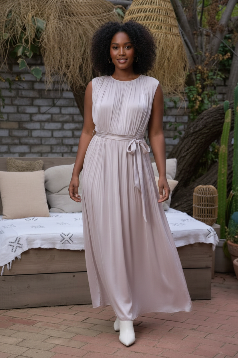 Round Neck Tie Waist Sleeveless Dress - Plus