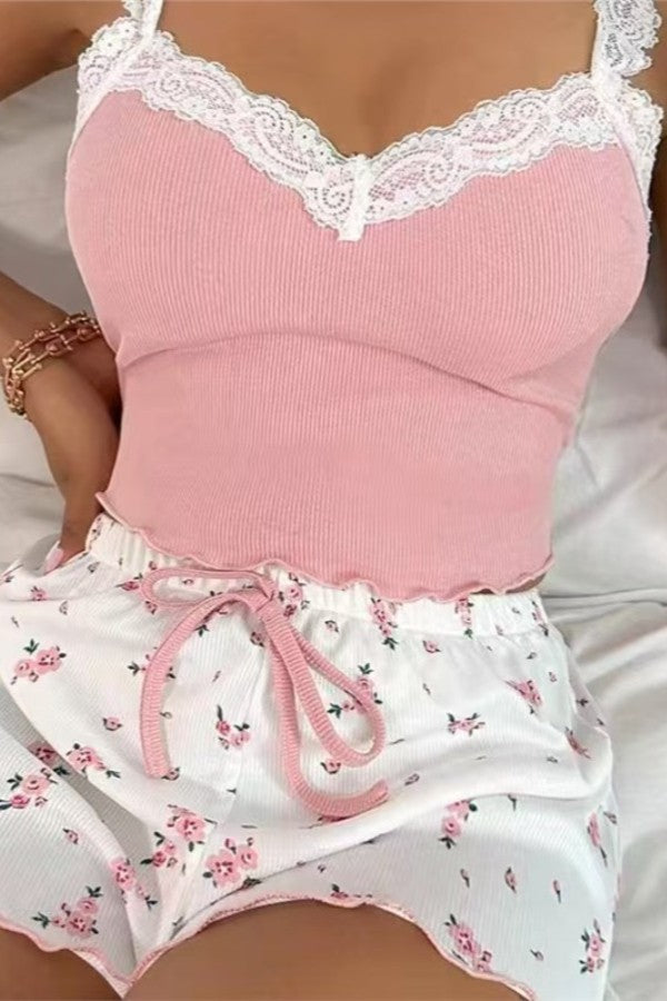 Women Sexy Lace Cami Two Piece Pajama Set