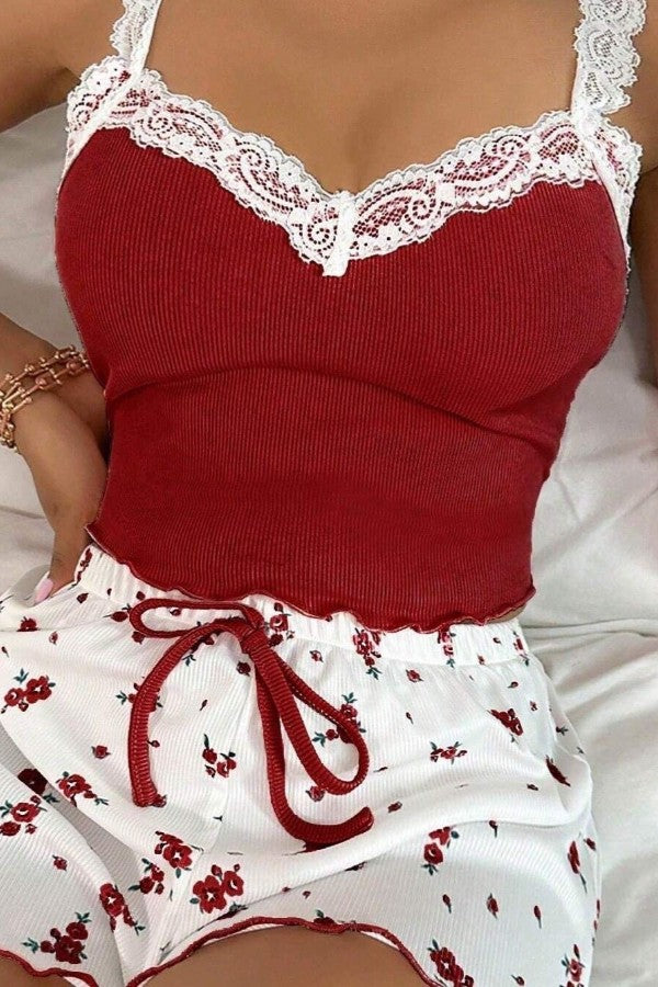 Women Sexy Lace Cami Two Piece Pajama Set