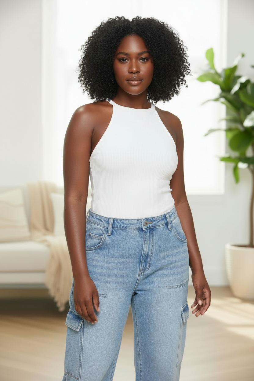 Sleeveless Ribbed Knit Halter Top - Plus
