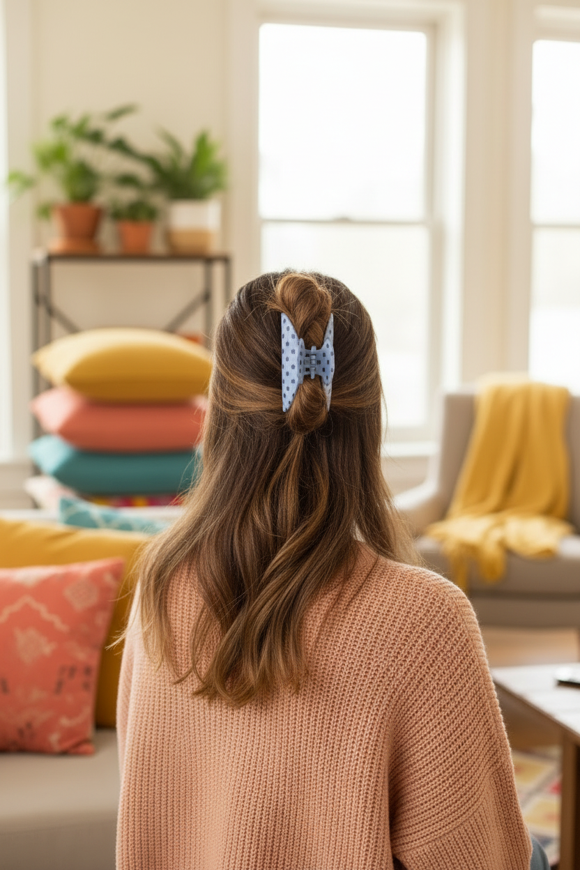 Polka Dot Hair Claw Clip Light Blue/Navy Blue