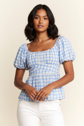 Gingham Print Puff Sleeve Top