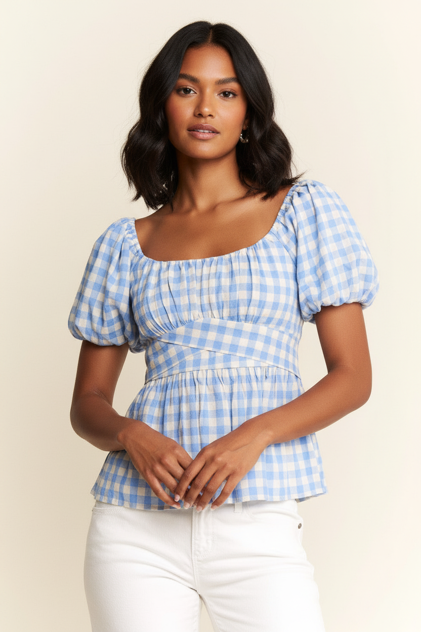 Gingham Print Puff Sleeve Top