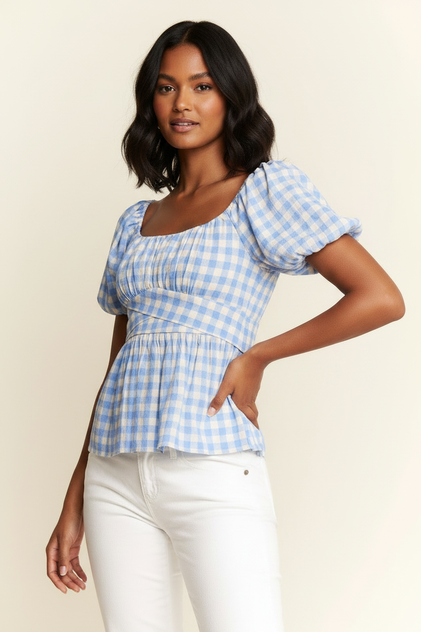 Gingham Print Puff Sleeve Top