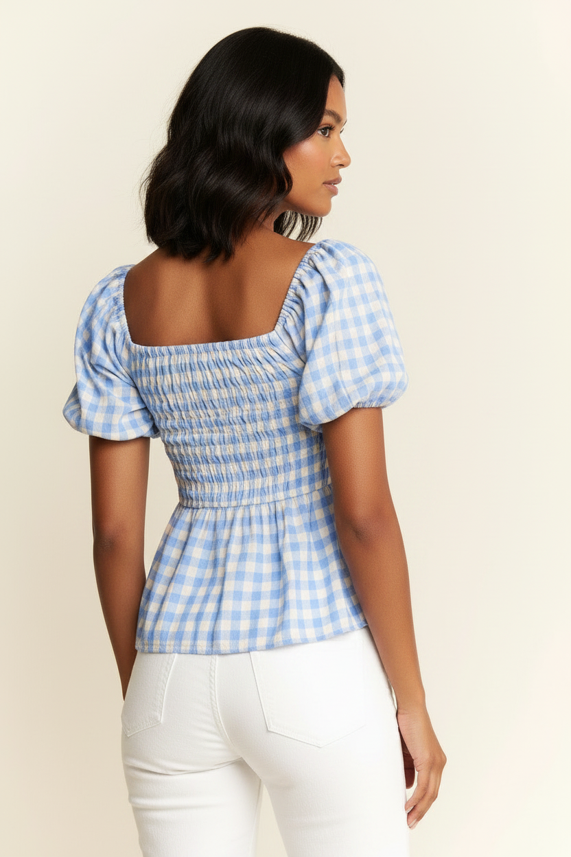 Gingham Print Puff Sleeve Top
