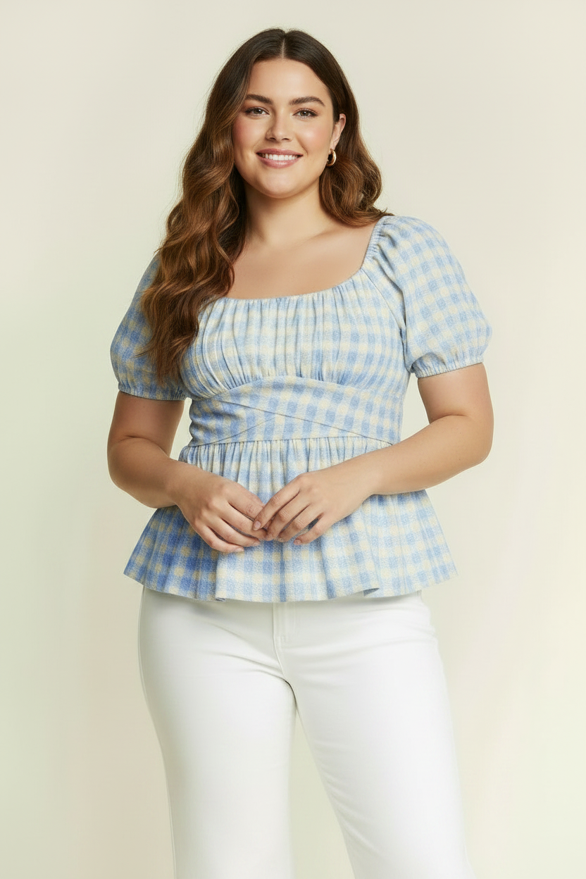 Gingham Print Puff Sleeve Top - Plus