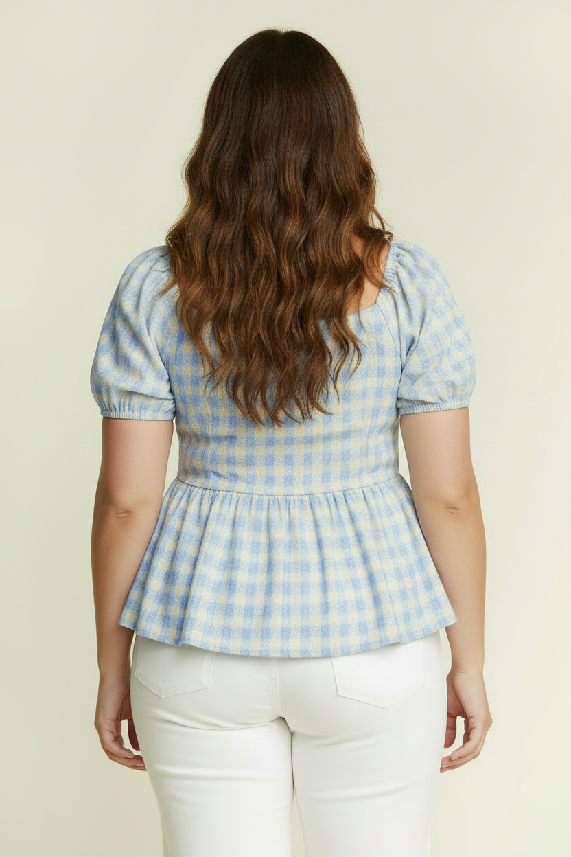 Gingham Print Puff Sleeve Top - Plus