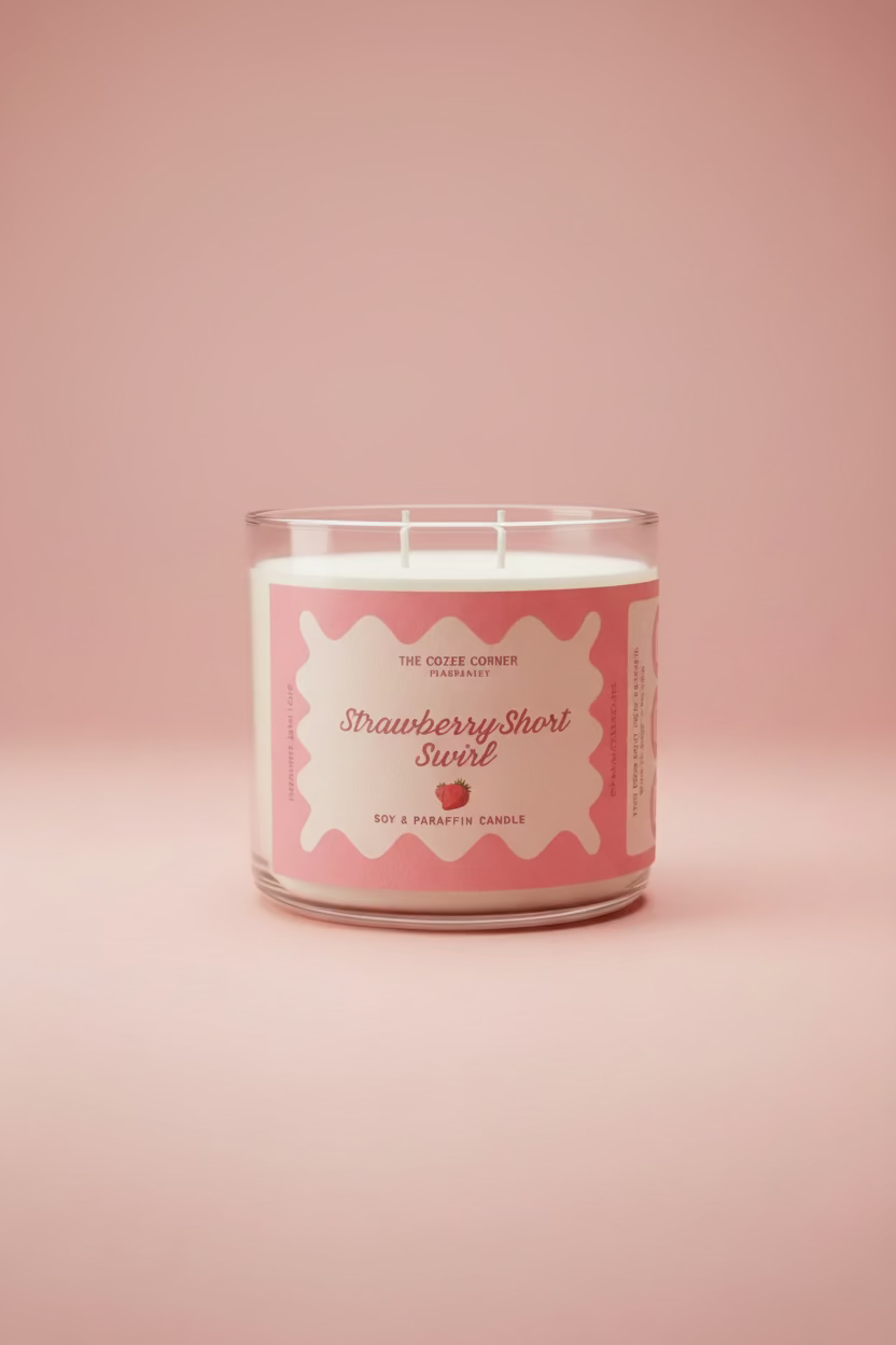 Candle with a pink label on a reflective surface